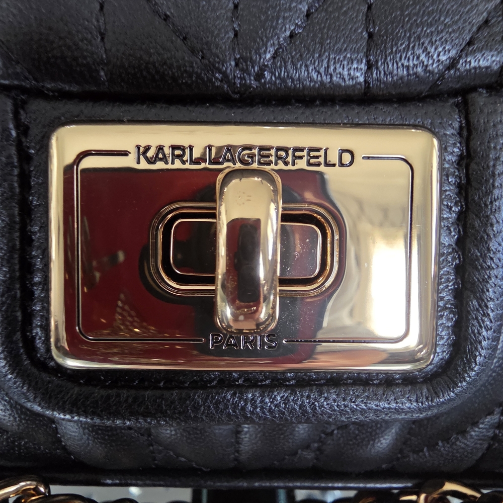 Karl Lagerfeld Black Quilted Shoulder Bag with Gold Chain and Pearl Accents - Picture 5 of 9